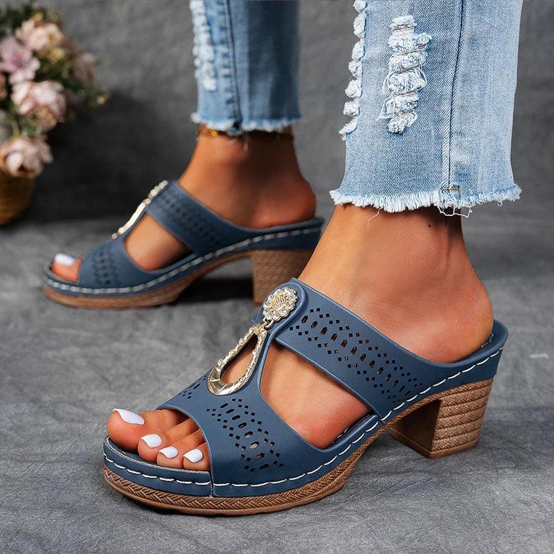 Sandalen Damen Keilabsatz Blau | Riemchen Sandalen Damen Cutout | Plateau Sandalen Damen Sommer