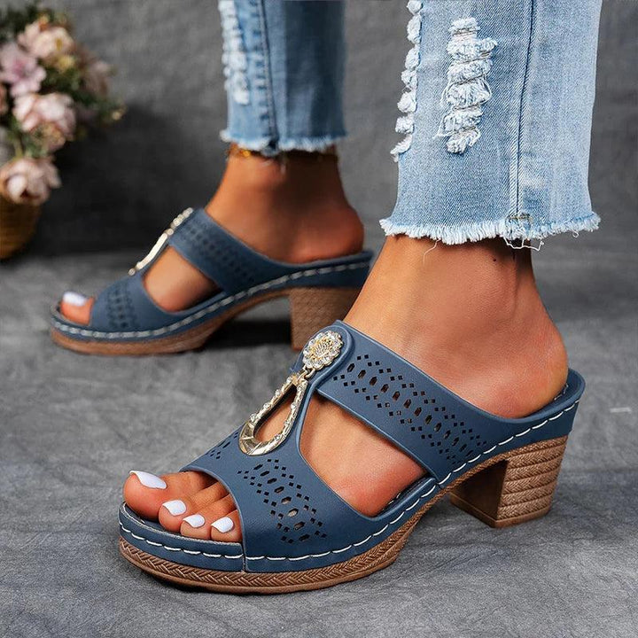 Sandalen Damen Keilabsatz Blau | Riemchen Sandalen Damen Cutout | Plateau Sandalen Damen Sommer