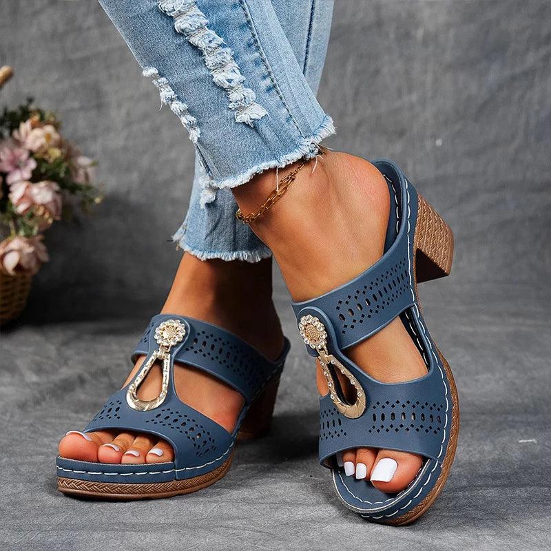 Sandalen Damen Keilabsatz Blau | Riemchen Sandalen Damen Cutout | Plateau Sandalen Damen Sommer