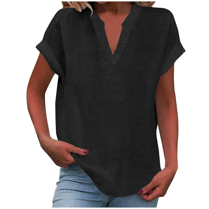 Bluse Damen V-Ausschnitt Leinen | Kurzarm Bluse Damen Locker | Sommerbluse Damen Gerippte Manschette