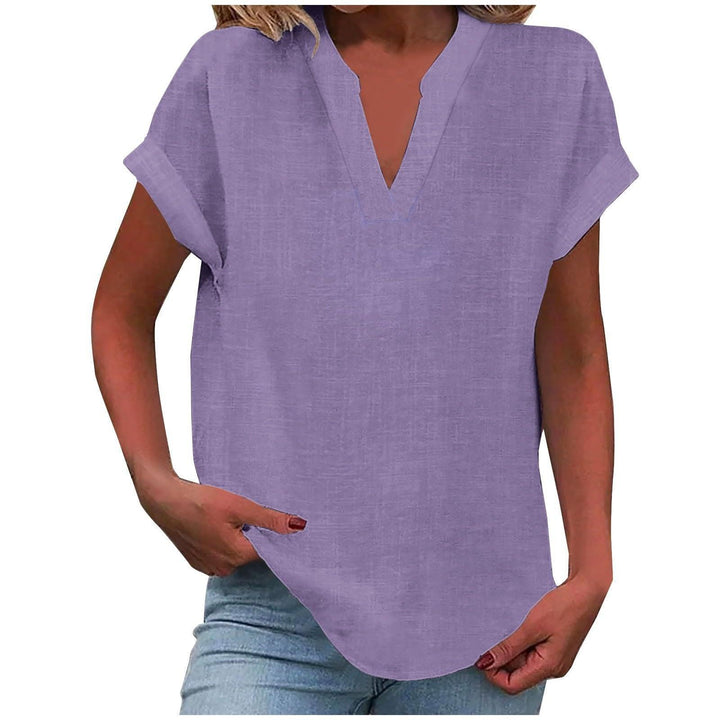 Bluse Damen V-Ausschnitt Leinen | Kurzarm Bluse Damen Locker | Sommerbluse Damen Gerippte Manschette