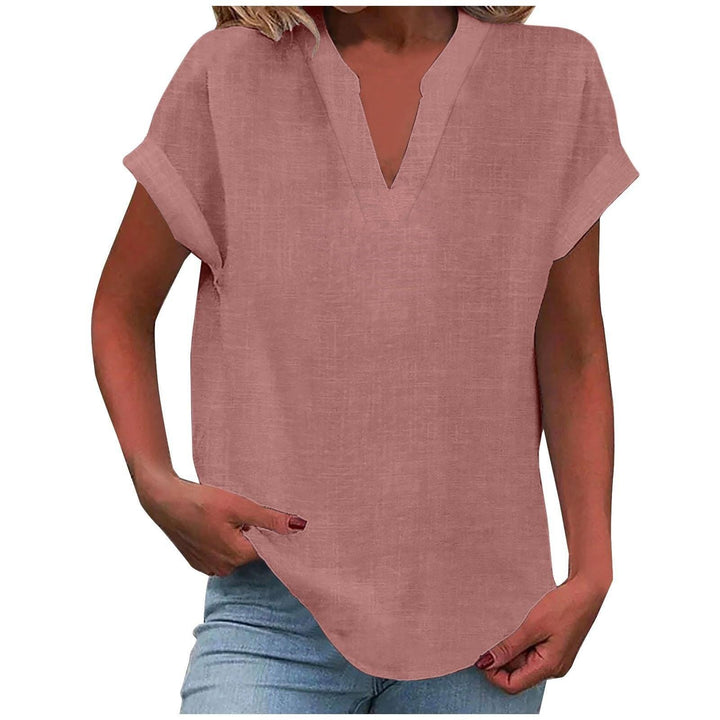 Bluse Damen V-Ausschnitt Leinen | Kurzarm Bluse Damen Locker | Sommerbluse Damen Gerippte Manschette