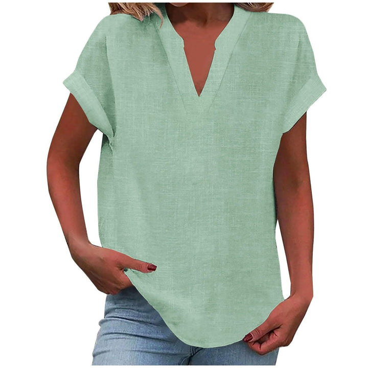 Bluse Damen V-Ausschnitt Leinen | Kurzarm Bluse Damen Locker | Sommerbluse Damen Gerippte Manschette
