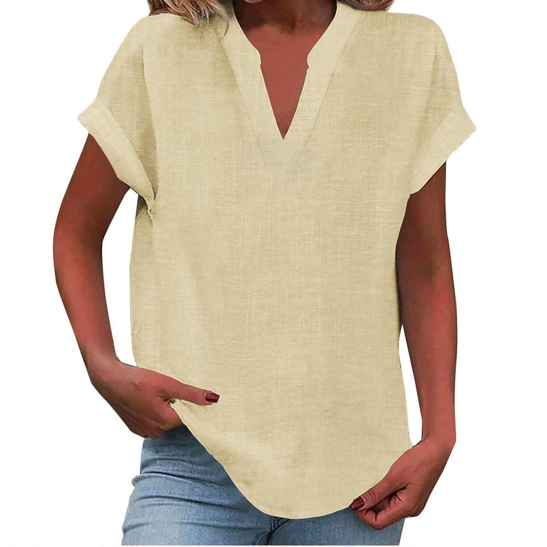 Bluse Damen V-Ausschnitt Leinen | Kurzarm Bluse Damen Locker | Sommerbluse Damen Gerippte Manschette