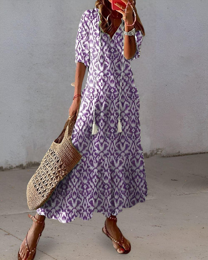 Strandkleid Damen Maxi | Sommerkleid Damen V-Ausschnitt Ikat-Print | Boho Kleid Damen Quasten Lang