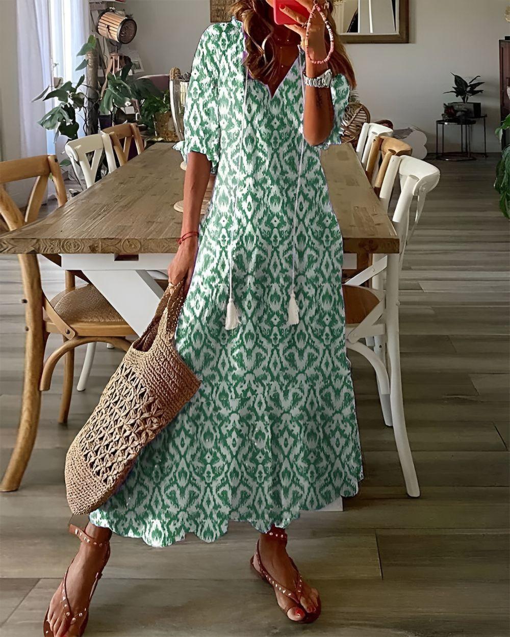Strandkleid Damen Maxi | Sommerkleid Damen V-Ausschnitt Ikat-Print | Boho Kleid Damen Quasten Lang