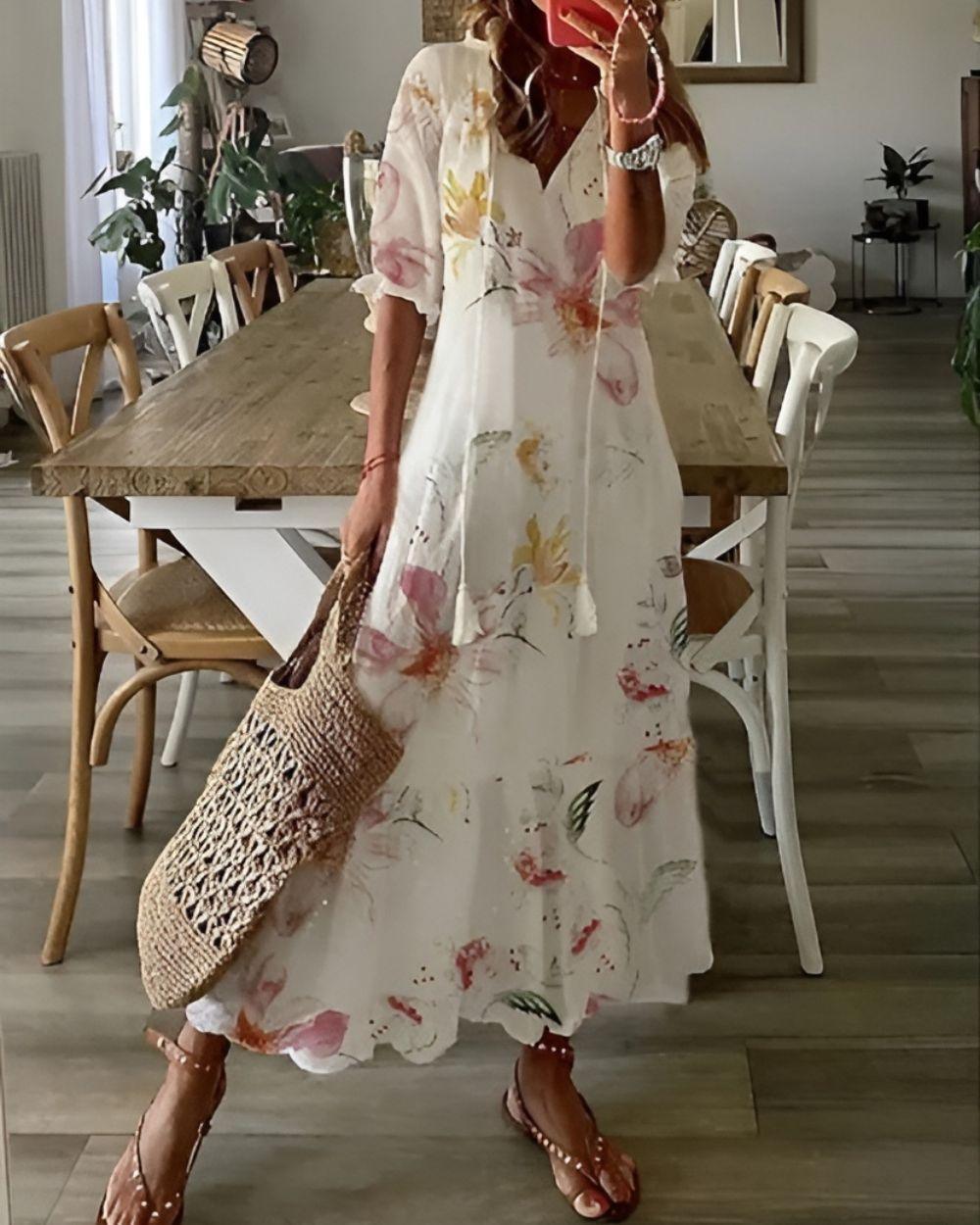 Strandkleid Damen Maxi | Sommerkleid Damen V-Ausschnitt Ikat-Print | Boho Kleid Damen Quasten Lang