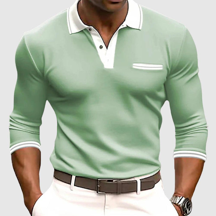 Poloshirt Herren Langarm Kontrast | Kragen Brusttasche Druckknopf | Sommerpolo Smart Casual