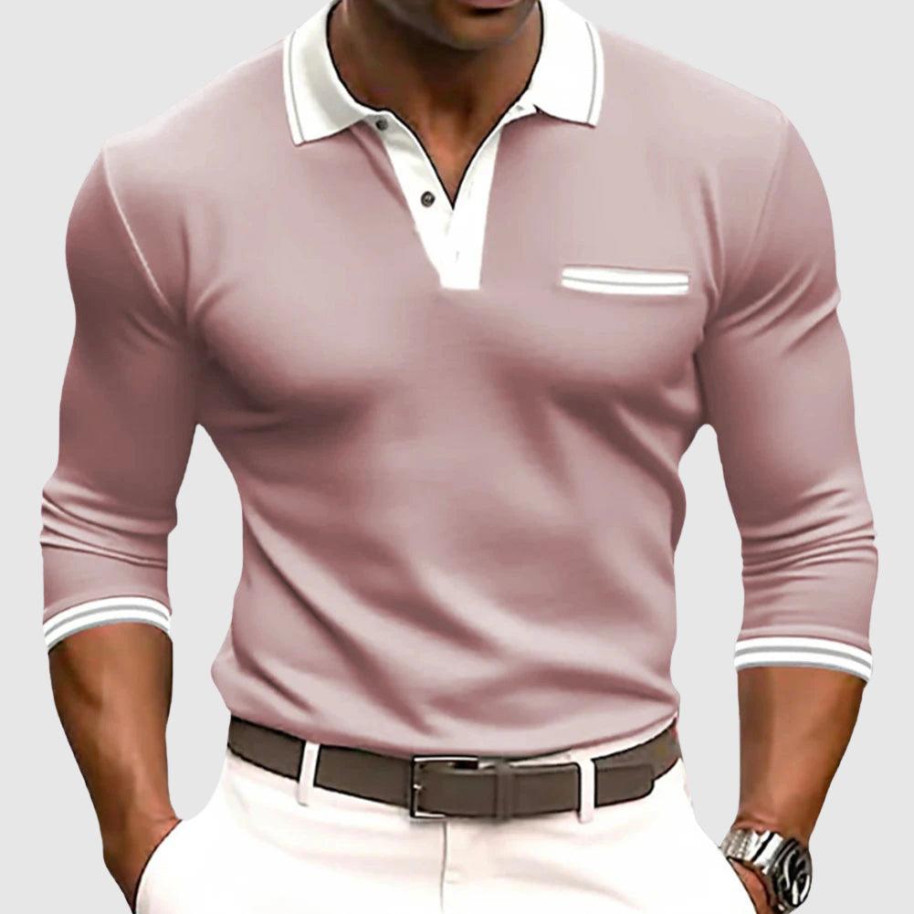 Poloshirt Herren Langarm Kontrast | Kragen Brusttasche Druckknopf | Sommerpolo Smart Casual