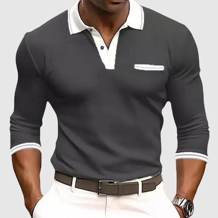 Poloshirt Herren Langarm Kontrast | Kragen Brusttasche Druckknopf | Sommerpolo Smart Casual