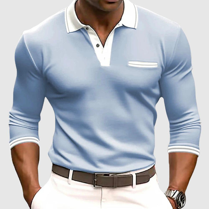 Poloshirt Herren Langarm Kontrast | Kragen Brusttasche Druckknopf | Sommerpolo Smart Casual