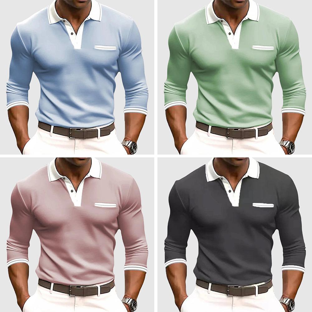 Poloshirt Herren Langarm Kontrast | Kragen Brusttasche Druckknopf | Sommerpolo Smart Casual