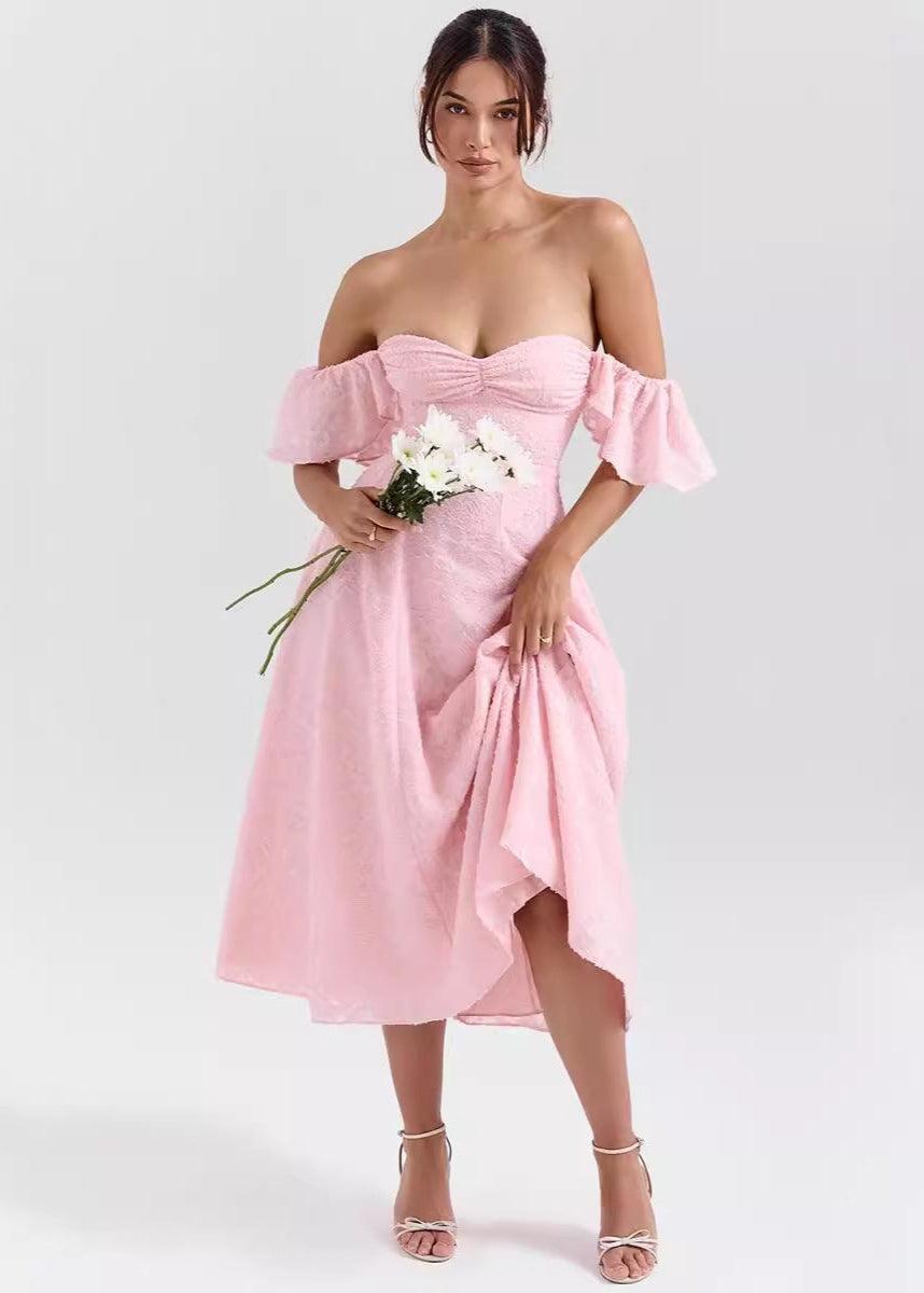 Schulterfreies Kleid Damen Midi | Midikleid Damen Flatterärmel Herzausschnitt | One Shoulder Kleid Damen Elegant
