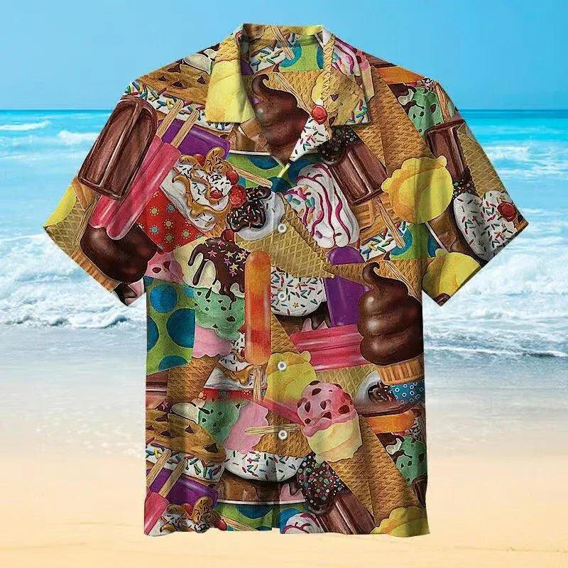 Herrenhemd Hawaii Print | Eis Motiv Kurzarm Knopfleiste | Spasshemd Sommer Strand