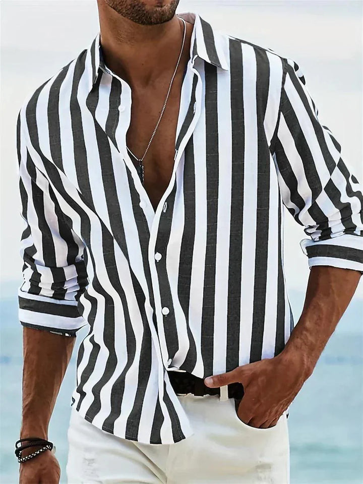 Herrenhemd Gestreift | Sommerhemd Langarm Knopfleiste | Streifenhemd Casual Küstenstil