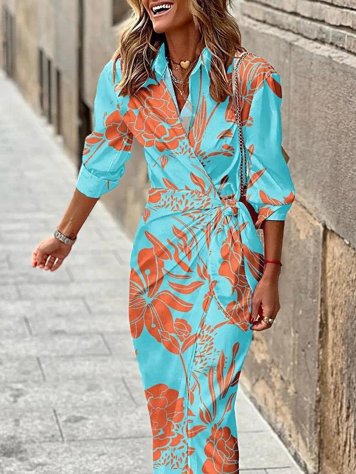 Wickelkleid Damen Midi | Sommerkleid Damen Langarm Kragen | Hemdblusenkleid Damen Wickeloptik