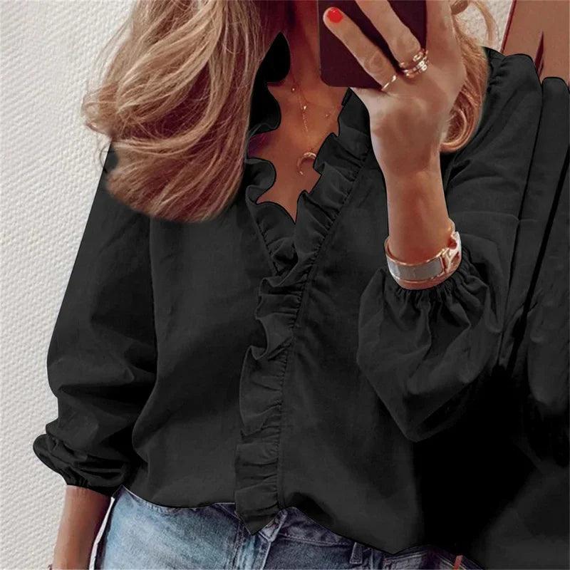Bluse Damen Rüschen Ballonärmel | Leinenbluse Damen V-Ausschnitt | Elegante Bluse Damen Feminin