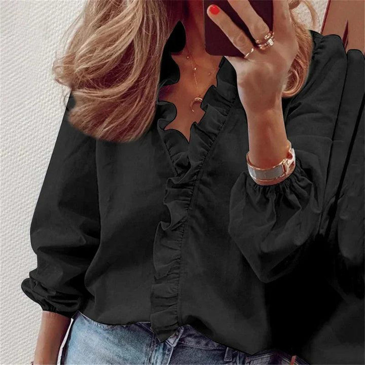 Bluse Damen Rüschen Ballonärmel | Leinenbluse Damen V-Ausschnitt | Elegante Bluse Damen Feminin