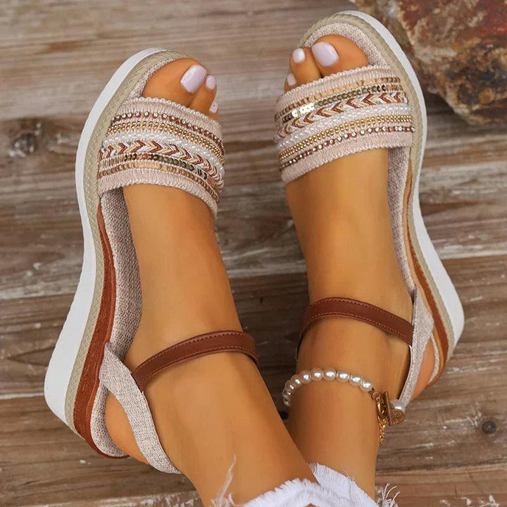 Plateau Sandalen Damen Glitzer | Keilabsatz Boho Perlen | Sommersandalen Verstellbar Strand