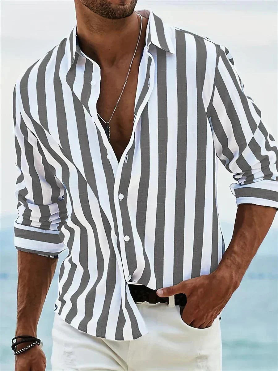 Herrenhemd Gestreift | Sommerhemd Langarm Knopfleiste | Streifenhemd Casual Küstenstil