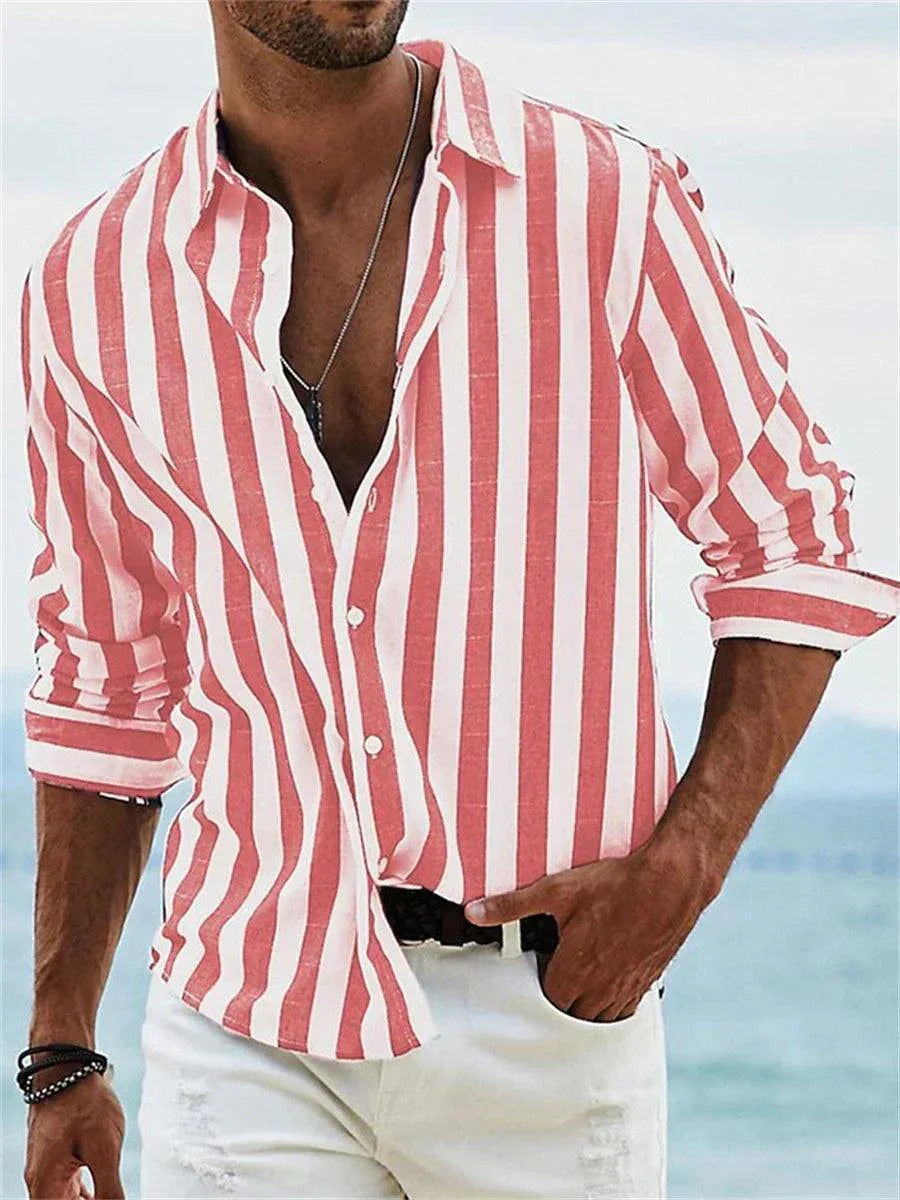 Herrenhemd Gestreift | Sommerhemd Langarm Knopfleiste | Streifenhemd Casual Küstenstil