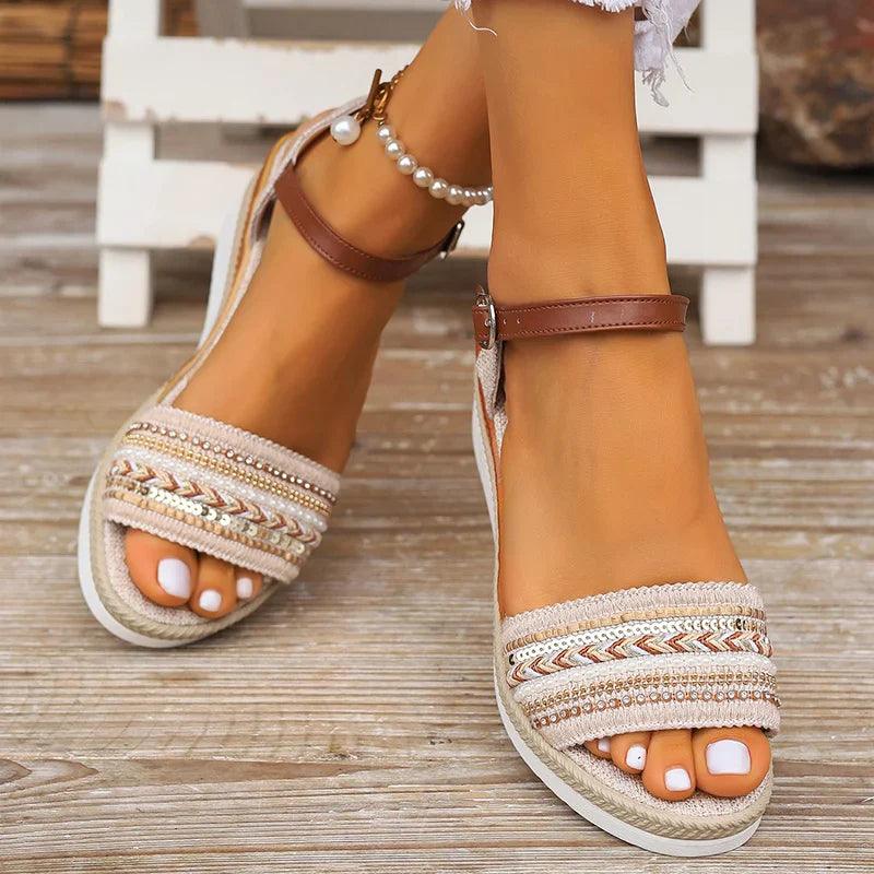 Plateau Sandalen Damen Glitzer | Keilabsatz Boho Perlen | Sommersandalen Verstellbar Strand