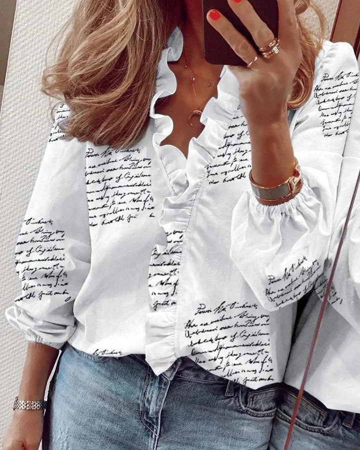 Bluse Damen Rüschen Ballonärmel | Leinenbluse Damen V-Ausschnitt | Elegante Bluse Damen Feminin