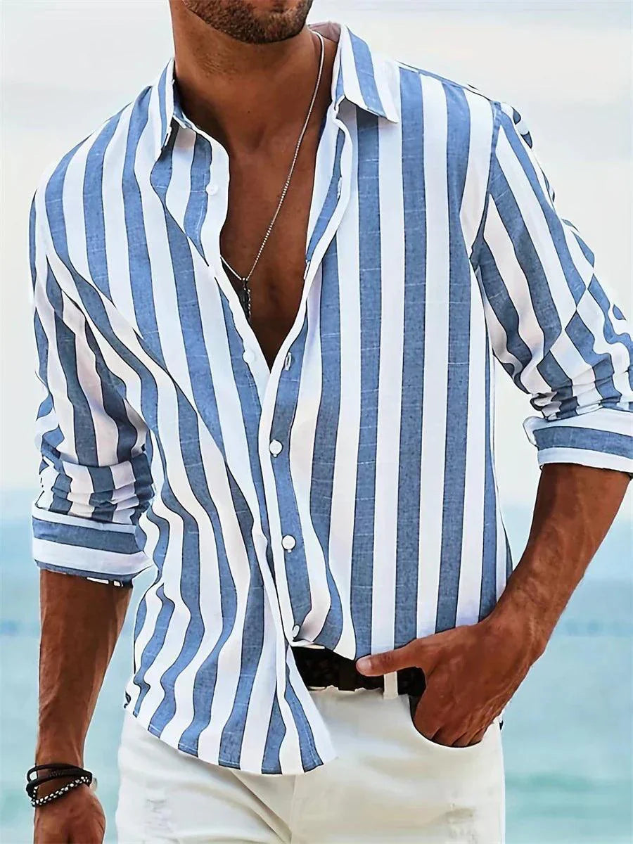 Herrenhemd Gestreift | Sommerhemd Langarm Knopfleiste | Streifenhemd Casual Küstenstil