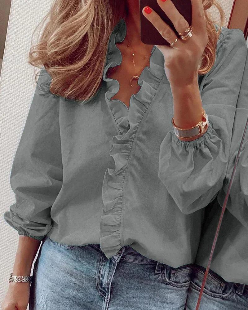 Bluse Damen Rüschen Ballonärmel | Leinenbluse Damen V-Ausschnitt | Elegante Bluse Damen Feminin