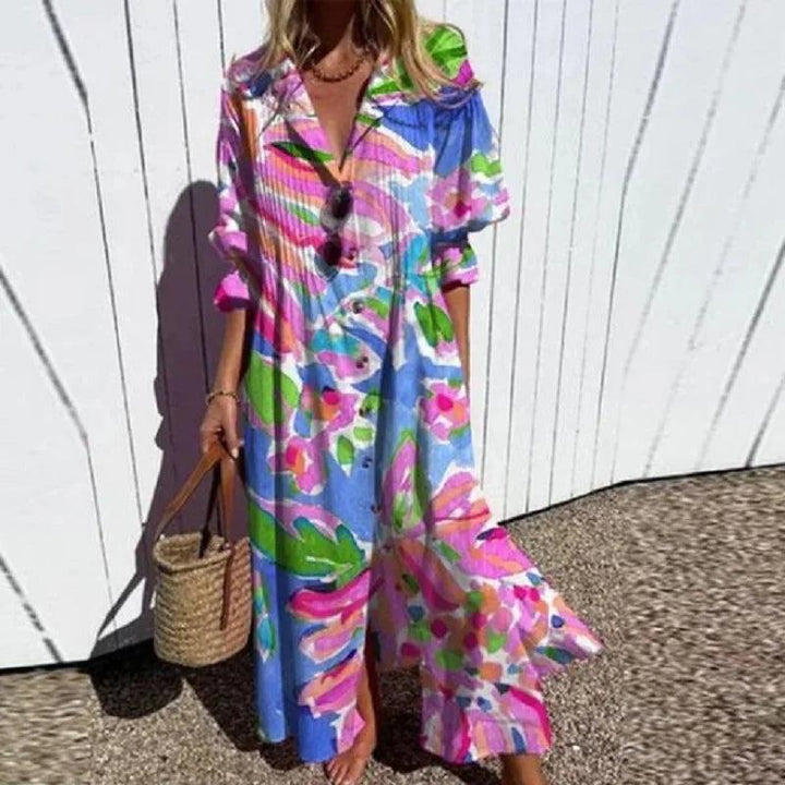 Sommerkleid Damen Blumendruck Boho | Freizeitkleid Damen Fliessend Sommer | Damen Strandkleid Leicht Bunt