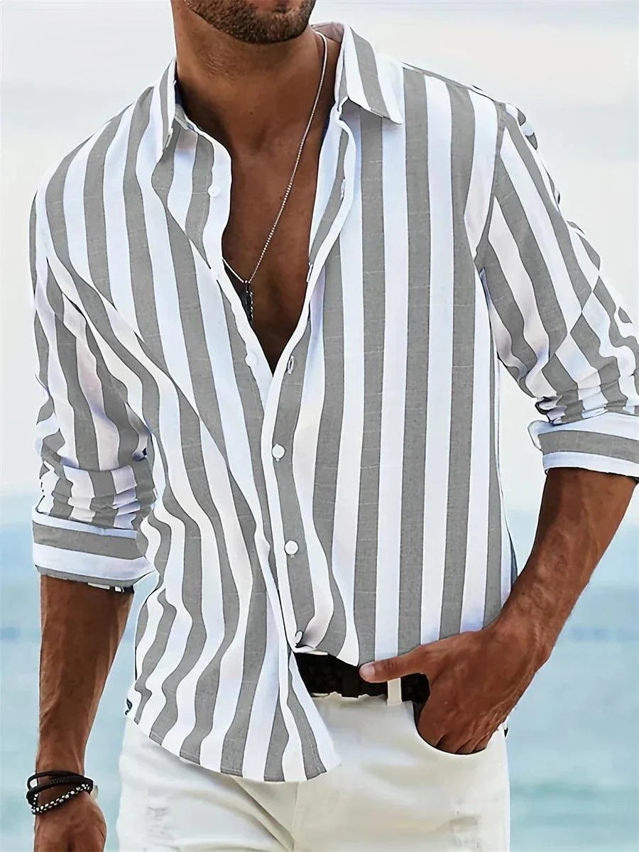 Herrenhemd Gestreift | Sommerhemd Langarm Knopfleiste | Streifenhemd Casual Küstenstil