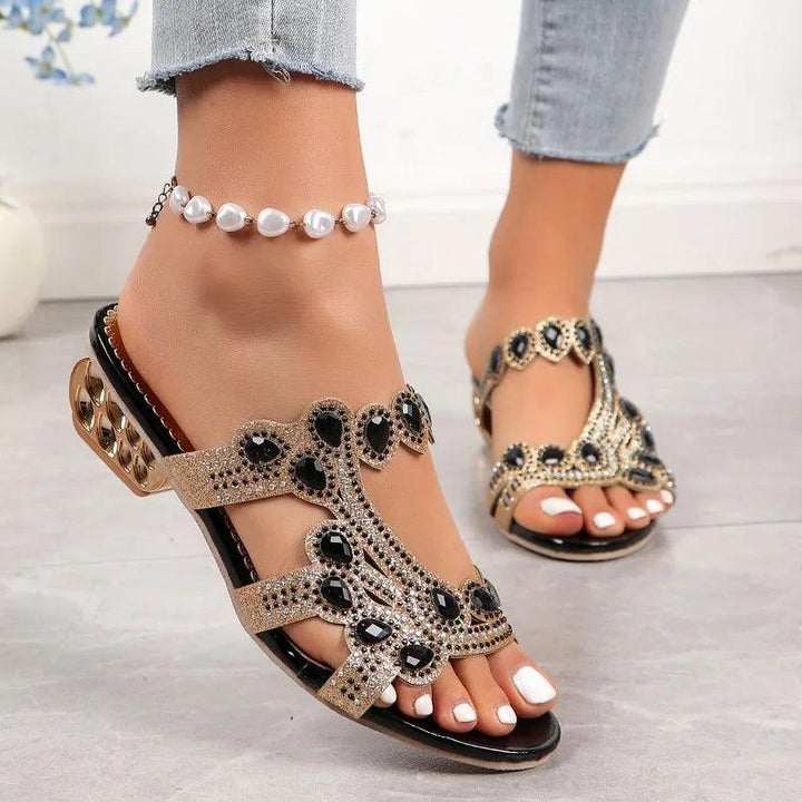 Glitzer Sandalen Damen Gold | Keilabsatz Sandalen Damen Funkelnd | Festliche Sandalen Damen Strass