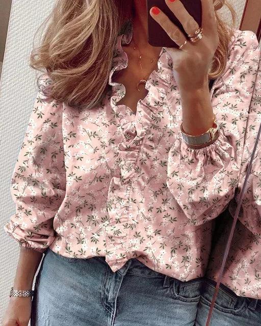 Bluse Damen Rüschen Ballonärmel | Leinenbluse Damen V-Ausschnitt | Elegante Bluse Damen Feminin