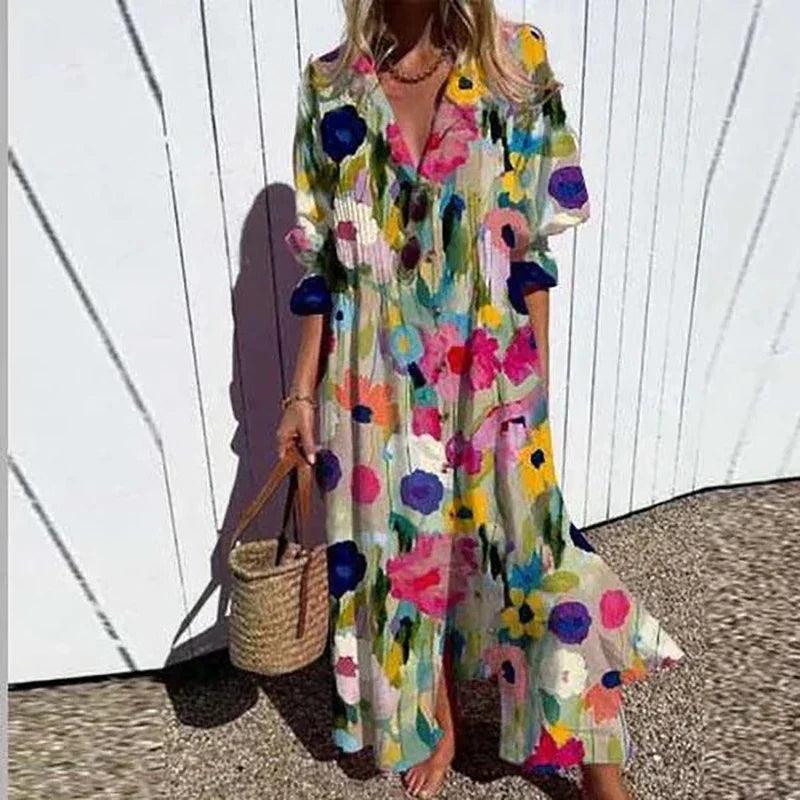 Sommerkleid Damen Blumendruck Boho | Freizeitkleid Damen Fliessend Sommer | Damen Strandkleid Leicht Bunt