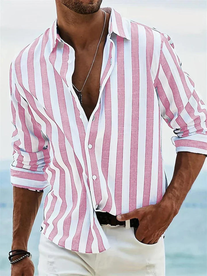 Herrenhemd Gestreift | Sommerhemd Langarm Knopfleiste | Streifenhemd Casual Küstenstil