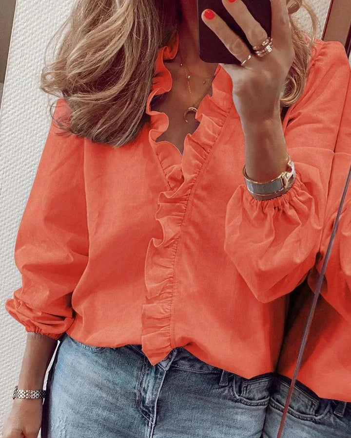 Bluse Damen Rüschen Ballonärmel | Leinenbluse Damen V-Ausschnitt | Elegante Bluse Damen Feminin
