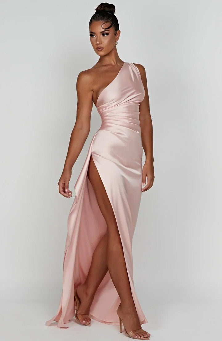 Abendkleid Satin Maxi Schlitz | Damen One-Shoulder Festlich | Glamouröses Ballkleid Elegant