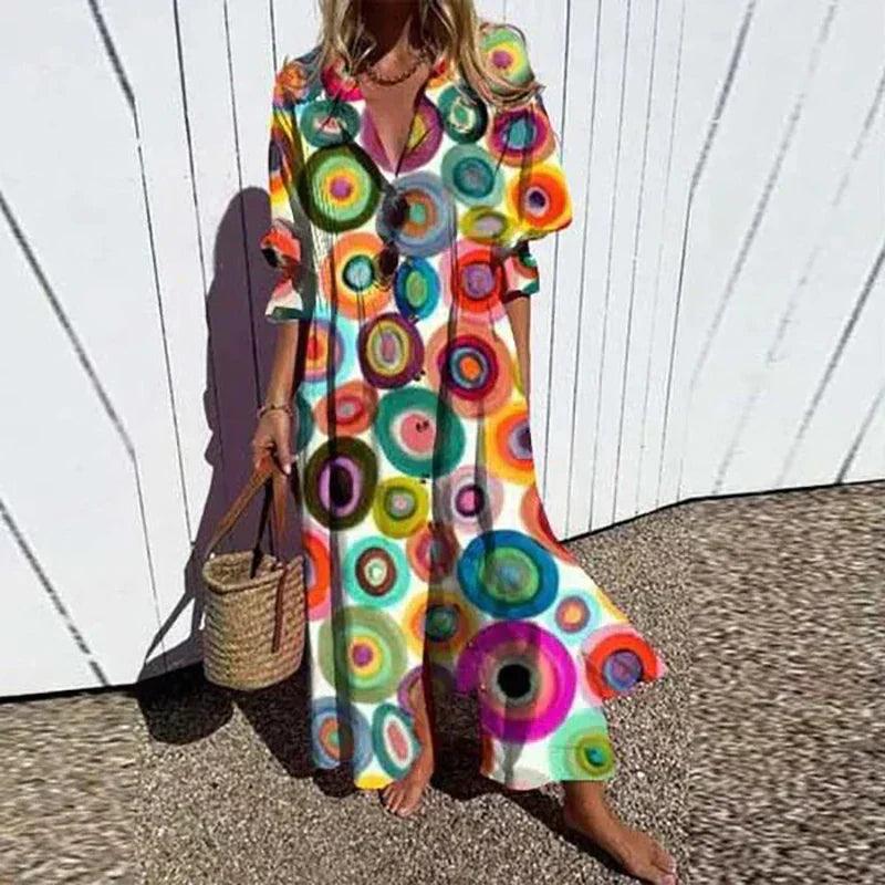 Sommerkleid Damen Blumendruck Boho | Freizeitkleid Damen Fliessend Sommer | Damen Strandkleid Leicht Bunt