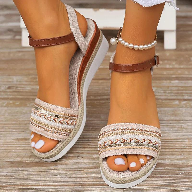 Plateau Sandalen Damen Glitzer | Keilabsatz Boho Perlen | Sommersandalen Verstellbar Strand