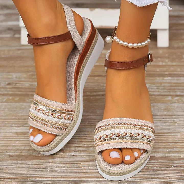 Plateau Sandalen Damen Glitzer | Keilabsatz Boho Perlen | Sommersandalen Verstellbar Strand