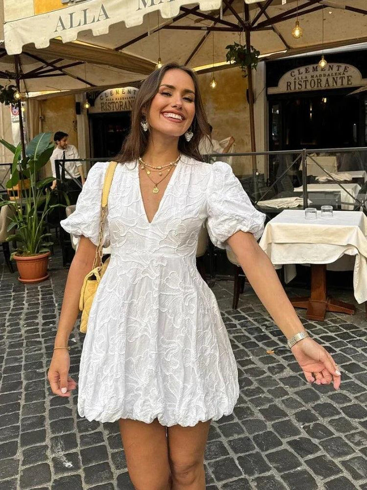 Minikleid Damen Stickerei Puffärmel | Blumenkleid Kurz V-Ausschnitt Volumös | Cocktailkleid Damen Weiss Bestickt