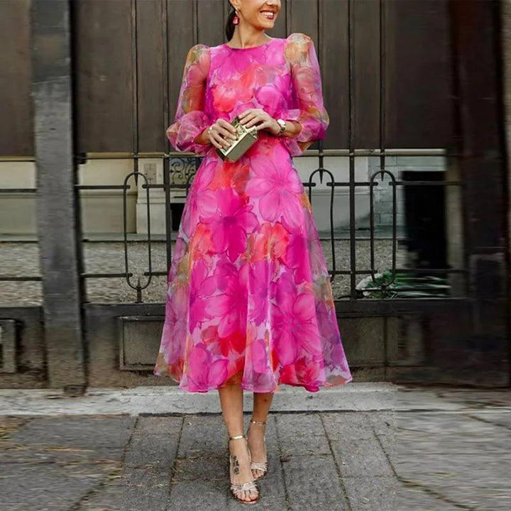 Blumenkleid Damen Midi Langarm | Sommerkleider Damen Hochzeitsgast A-Linie | Kleid Damen Puffarmel Blumenprint