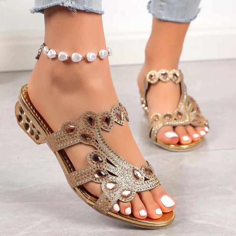 Glitzer Sandalen Damen Gold | Keilabsatz Sandalen Damen Funkelnd | Festliche Sandalen Damen Strass