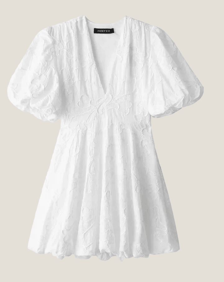 Minikleid Damen Stickerei Puffärmel | Blumenkleid Kurz V-Ausschnitt Volumös | Cocktailkleid Damen Weiss Bestickt
