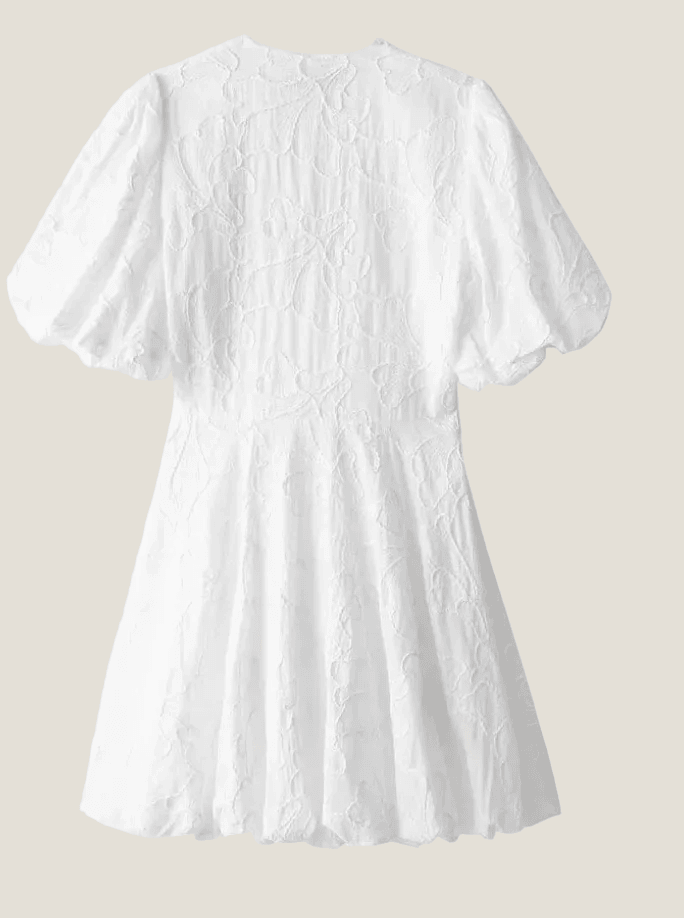 Minikleid Damen Stickerei Puffärmel | Blumenkleid Kurz V-Ausschnitt Volumös | Cocktailkleid Damen Weiss Bestickt