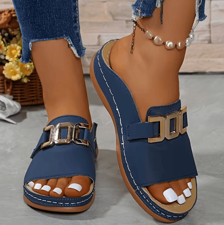 Sandalen mit Schnalle Damen | Komfort Sommerschuhe mit Fussbett | Schlappen Damen Elegant