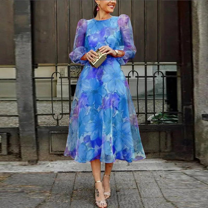 Blumenkleid Damen Midi Langarm | Sommerkleider Damen Hochzeitsgast A-Linie | Kleid Damen Puffarmel Blumenprint