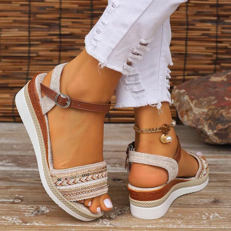 Plateau Sandalen Damen Glitzer | Keilabsatz Boho Perlen | Sommersandalen Verstellbar Strand