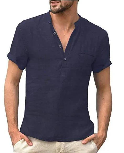Herrenhemd Leinen | Henley V-Ausschnitt Brusttasche | Leinenhemd Kurzarm Sommer Casual