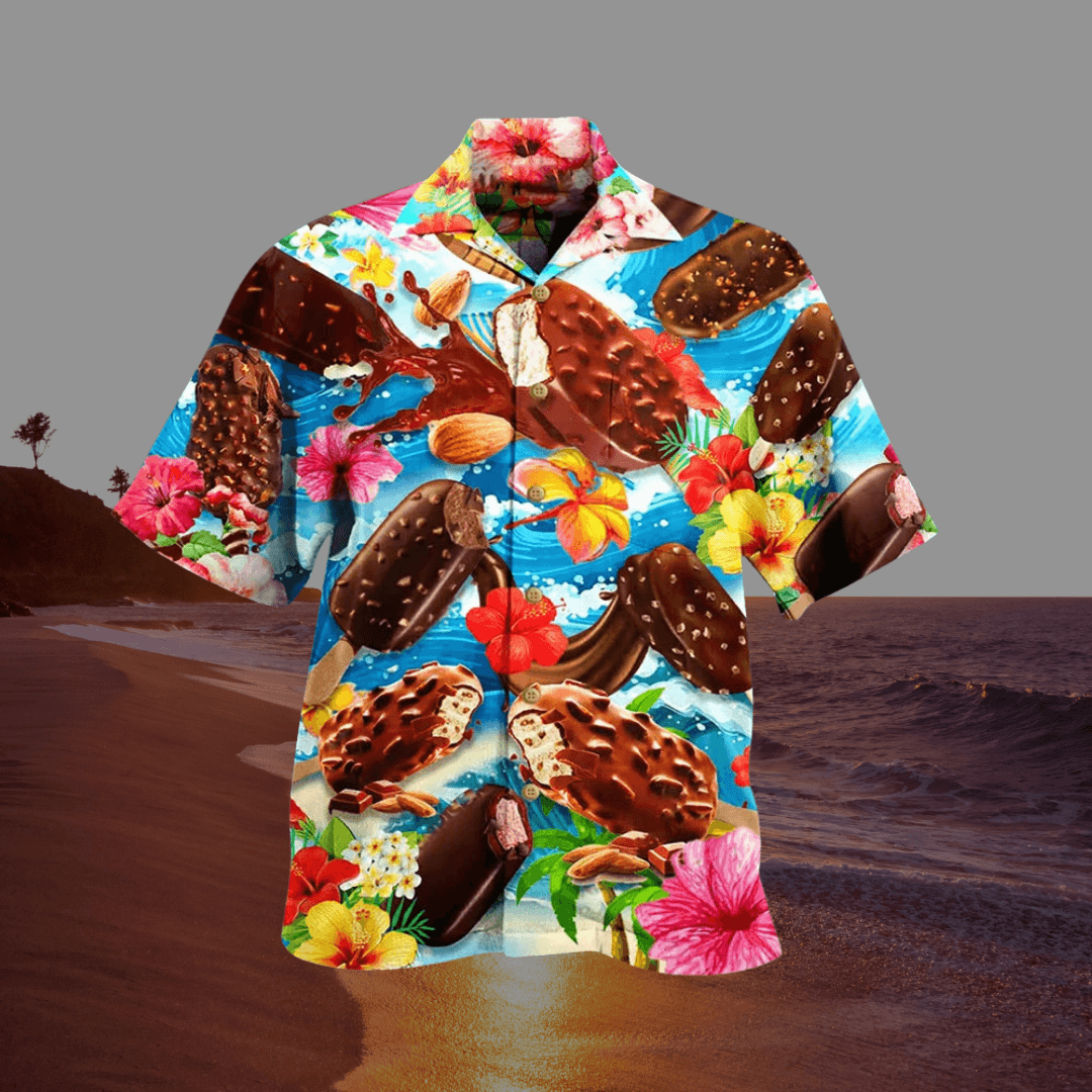 Herrenhemd Hawaii Print | Eis Motiv Kurzarm Knopfleiste | Spasshemd Sommer Strand